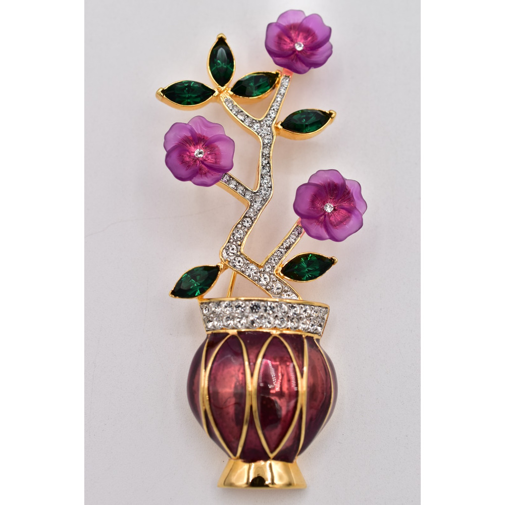 Vintage Flower Vase Pin Brooch Brown Enamel Rhinestonce Crystal Chunky BinBP